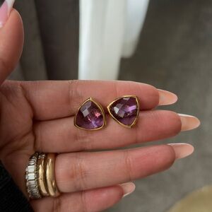 Amethyst trillion stud earrings sterling silver 925 over 18k